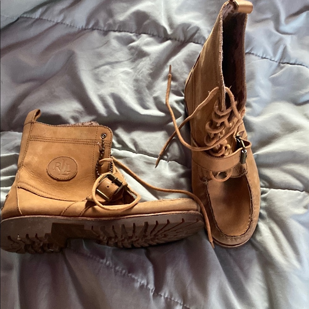 Ralph Lauren Tan Lace Up Boots with Rugged Sole